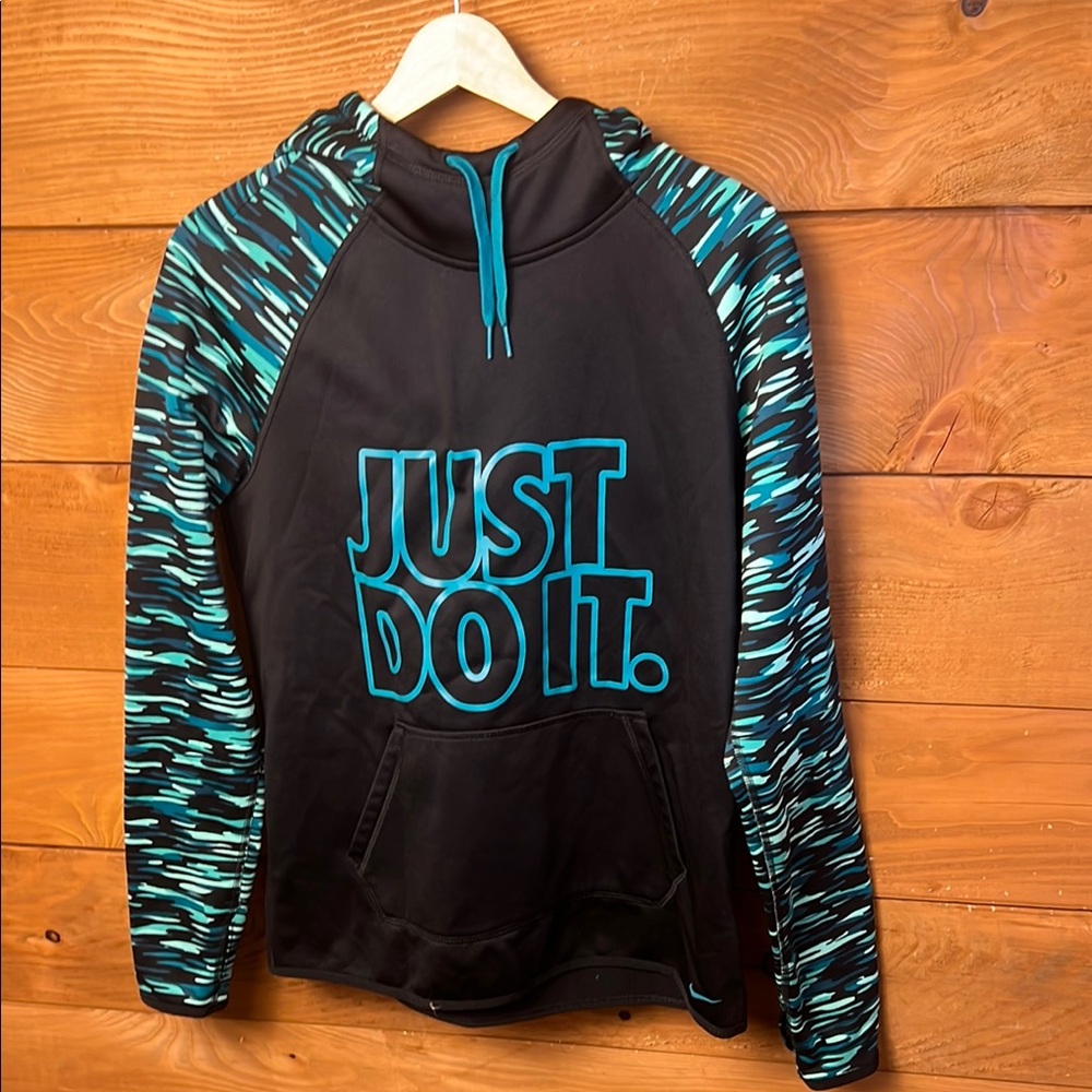 Nike Hoodie Womens Medium Black Teal All Time Graphic Therma Fit Athleisure Pock